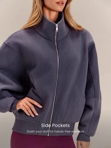 GLOWMODE Everyday Fleece Warmth Whisperer 柔軟保暖輕量夾克，前後縫線設計、口袋、蝙蝠袖、高領、全開襟拉鍊，休閒款 - 紫色 - 查看 5