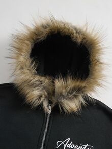 SHEIN 青少年男孩休閒字母印花連帽夾克，毛邊飾邊，適合秋冬返校季 - 黑色 - 查看 6