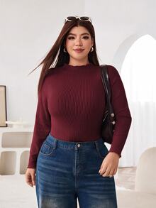 Solflare Plus Size Autumn/Winter Burgundy Ribbed Frill Trim T-Shirt - Burgundy - View 3