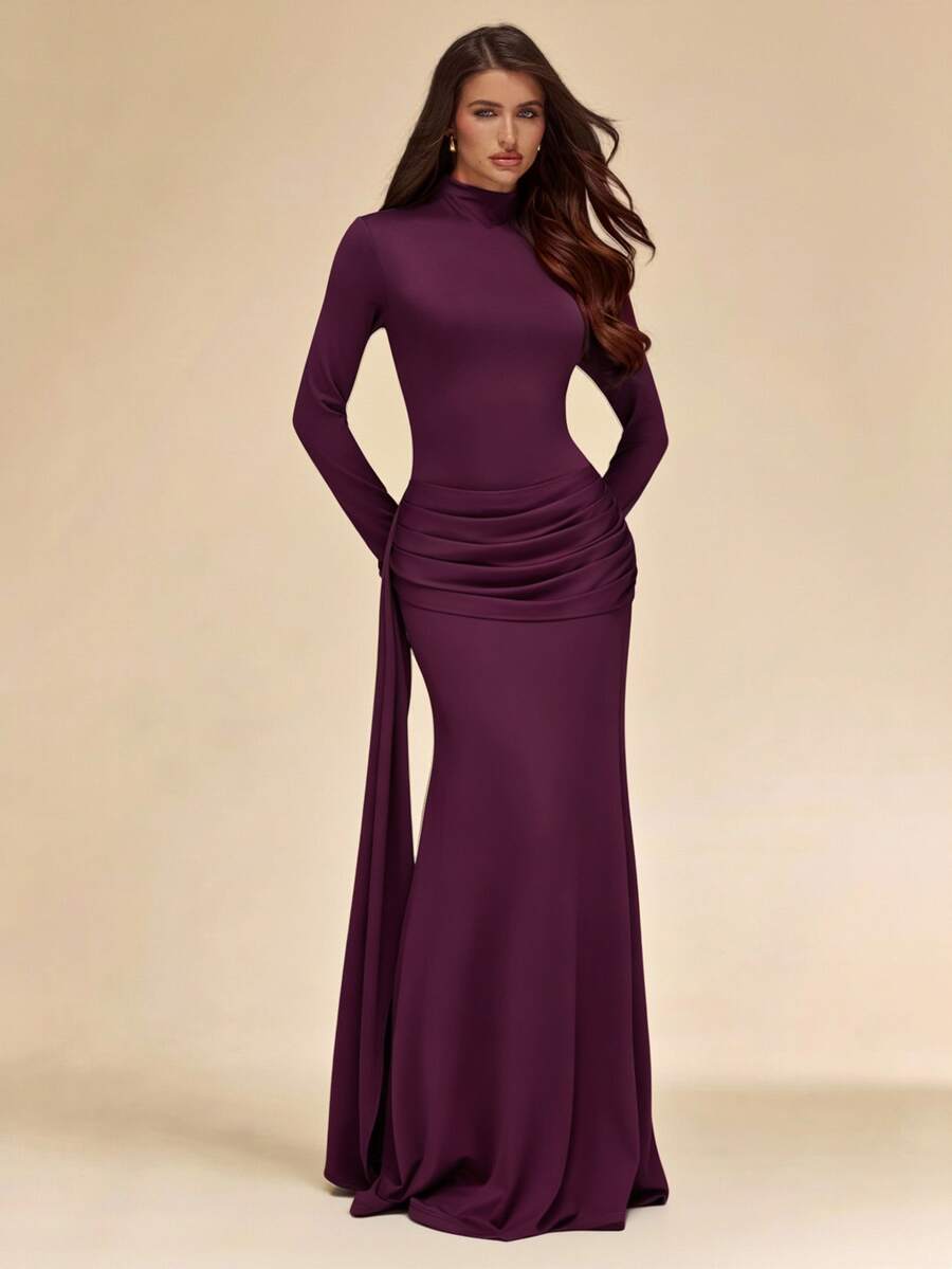 SHEIN BAE Autumn/Winter Solid Olive Green Long Sleeve Mock Neck Tie-Front Slim Fit Knit Dress - Red Violet - View 1