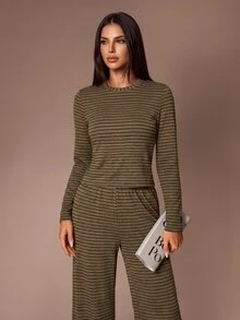 Lazeform Women's Casual Green Striped Crew Neck Long Sleeve Pajama Set, Knitted Elastic Textured Pleated Top + Wide Leg Pants, 2 Pieces Loungewear - Army Green - View 3