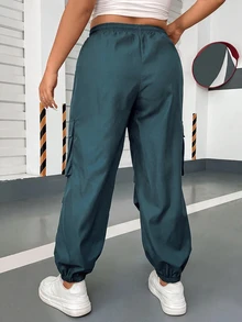 POPSWAY Plus Size Women's Drawstring Waist Ruched Cuffed Casual Cargo Pants - Teal Blue - View 2