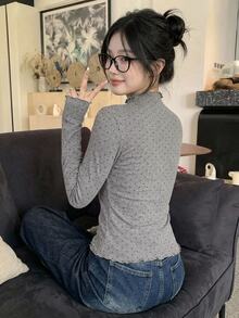 DAZY Women's Polka Dot Print Stand Collar Long Sleeve Slim Fit T-Shirt - Grey - View 2