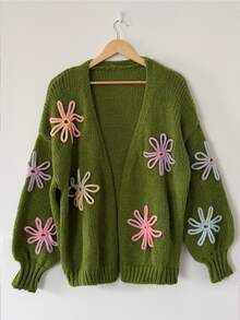 Sunspun Plus Size Vacation Fashion Embroidered Long Sleeve Knit Cardigan - Green - View 1