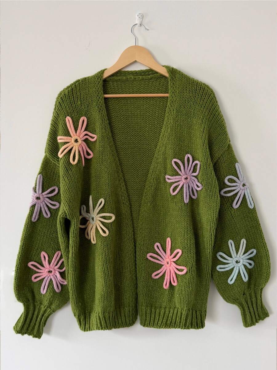 Sunspun Plus Size Vacation Fashion Embroidered Long Sleeve Knit Cardigan - Green - View 1