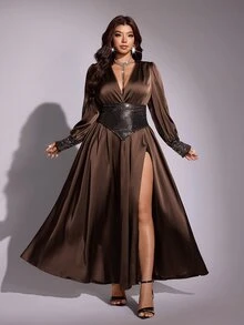 Viva Relle Plus Size Women's Sequin V-Neck Split Design Party Dress - Brown - View 4