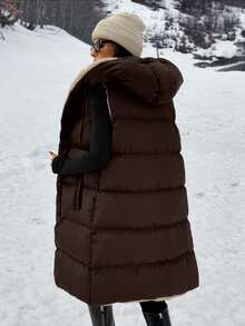 SHEIN Clasi Two-Tone Reversible Padded Zipper Front Pockets Drawstring Hood Vest Jacket - Brown - View 2