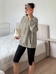 SHEIN EZwear Women's Regular Plaid Woven Jacket - Black and White - View 6