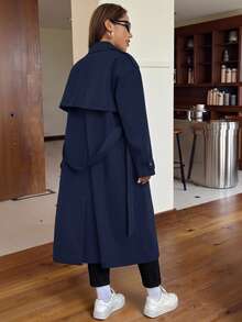 SHEIN EZwear 1件女款素色梭織長版繫帶前開扣風衣外套，秋冬款 - 藏蓝色 - 查看 2