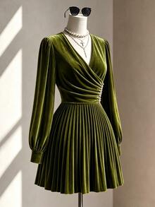 Fine & Folde Women's Elegant Romantic Velvet Pleated Beaded Dress - Olive Green - View 3