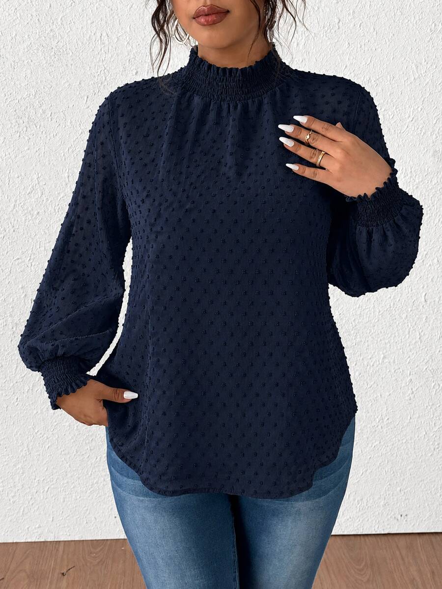 Elenzga Blus Wanita Ukuran Besar Warna Polos Kasual Minimalis Bertekstur Tenun dengan Potongan, Cocok untuk Jalan-jalan dan Bepergian - Navy Blue - View 1