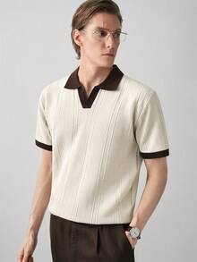 RONVEXI Men's Plus Size Colorblock Collar Short Sleeve Casual Knit Top - Beige - View 7