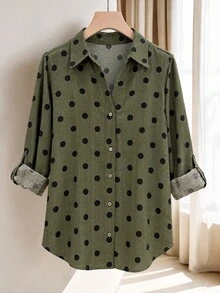 EMERY ROSE Women's Fall French Chic Casual Bohemian Vacation Commute Office Middle Eastern Faux Linen Green Polka Dot Print V-Neck Button-Front Long Sleeve Shirt - Army Green - View 3