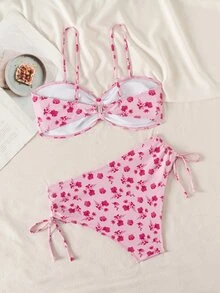 Swim Lushoire 女款黃藍花卉印花平口比基尼套裝 細肩帶前蝴蝶結高腰側抽繩 2 件式泳衣，適合海灘度假 - 粉色 - 查看 2