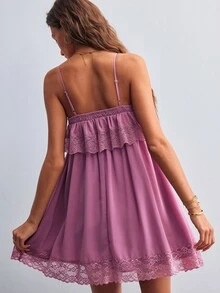 Willow Rêve Women's Lace Patchwork Pleated Casual Summer Spaghetti Strap Dress - Dusty Pink - View 2