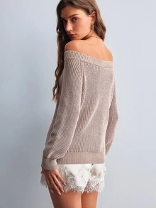 Willow Rêve Women's Khaki Off-Shoulder Cable Knit Water-Wash Dual-Tone Loose Sweater - Khaki - View 2