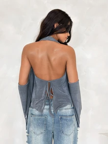 BAD SUNDAY Women's Sexy Cold Shoulder Backless Knit Blouse With Metal Eyelets, Versatile Streetwear Style For Autumn/Winter - Grey - View 2