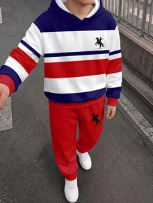 Tween Boy Striped Colorblock Long Sleeve Hoodie And Jogger Pants 2 Pieces Set, Suitable For Autumn/Winter - Multicolor - View 2