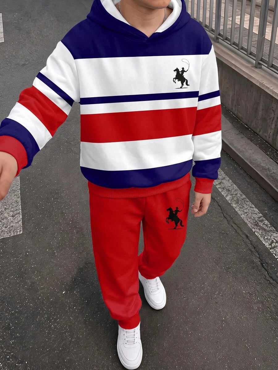 Tween Boy Striped Colorblock Long Sleeve Hoodie And Jogger Pants 2 Pieces Set, Suitable For Autumn/Winter - Multicolor - View 1
