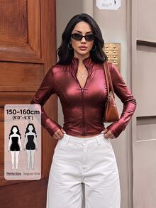 SHEIN PETITE 女款純色PU皮革長袖前拉鍊輕便夾克 - 酒紅色 - 查看 4