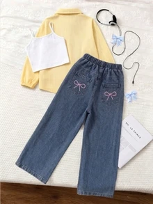 SHEIN Sparklyn 大童女孩秋季套裝 2件組 大號與中號 春秋條紋長袖上衣搭配寬鬆淺藍色牛仔褲 - 彩色 - 查看 2