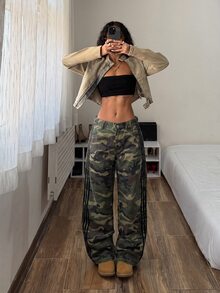 StreetHx Women's Camouflage Pattern Side Stripe Wide Leg Loose Jeans - Army Green - View 6