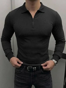 DAZY 男士長袖黑色 Polo 領修身通勤針織上衣，彈性面料，春秋款 - 黑色 - 查看 7