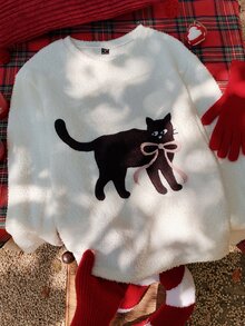 Comfortcana Women's Cartoon Cat Print Crew Neck Long Sleeve Casual T-Shirt - White - View 3