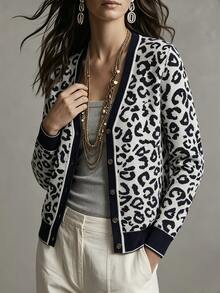 SHEIN Women's Leopard Print Casual Versatile Daily Wear Cardigan - Multicolor - View 4