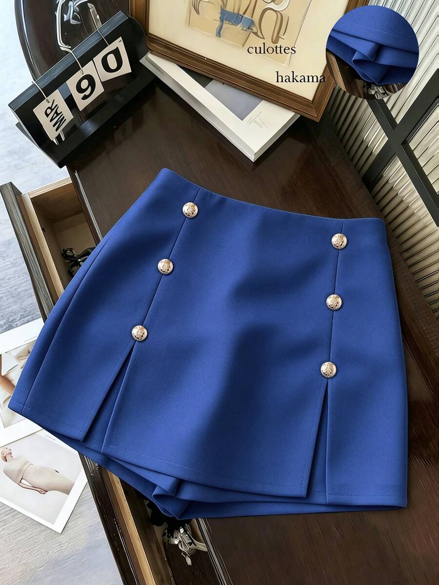 Franclia Women's Solid Color Metal Button Design Split Skirt Pants - Royal Blue - View 1