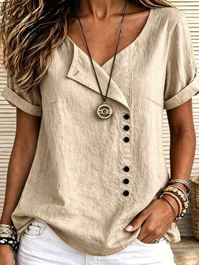 SHEIN Casual Vacation Women's Shirt With Half Collar, Single Row Of Buttons, Comfortable Soft Non-Stretch Fitted Shirt, Suitable For Casual Vacation, Home, Outing, Daily Wear, Versatile Style, Summer, Autumn And Winter For Women, Elegant Top Shirt, Casual Top Shirt