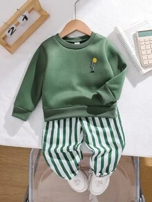 2件組男嬰休閒圓領長袖抓絨衛衣與梭織休閒長褲套裝，可愛汽車與仙人掌印花，適合日常穿著與上學 - 綠色 - 查看 3