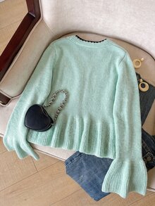 Muvela 女款優雅法式可愛休閒刺繡對比色飾邊前綁帶荷葉邊長袖針織開襟衫，秋季穿搭，青綠色、鴨綠色 - 薄荷藍 - 查看 2