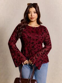 Elaquor 大尺碼女款休閒喇叭袖黑色T恤 秋季 - 酒紅色 - 查看 5