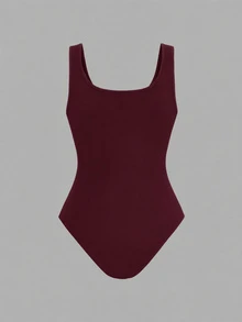SHEIN EZwear 大尺碼女款純色休閒日常連身衣 - 酒紅色 - 查看 13