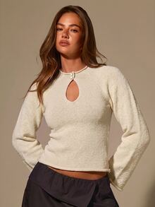 Athîral Women's Fit Off-White Knit Top,Textured Finish,Stand Collar,Keyhole Front,Button Closure,Flared Sleeves,New Chinese Style,Date,Long Sleeve Sweaters - Beige - View 4