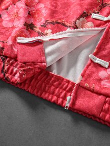 ROMWE MEN New Chinese Style Modified Tang Suit Jacket With Koi And Peach Blossom Print, Frog Buttons, Crane Embroidery, Woven Tape Patchwork, Retro Sport Casual Outerwear - Red - View 5