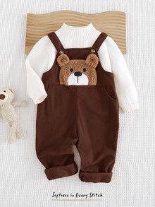 SHEIN 中性新生兒嬰兒男/女童、幼兒 100% 純棉秋冬保暖內裡加厚可愛熊圖案燈芯絨吊帶褲，嬰兒冬季連身褲，聖誕節 - 棕色 - 查看 3