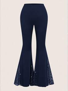 Sweetra Plus Size Women's Solid Color Casual Daily Flare Pants - Navy Blue - View 1