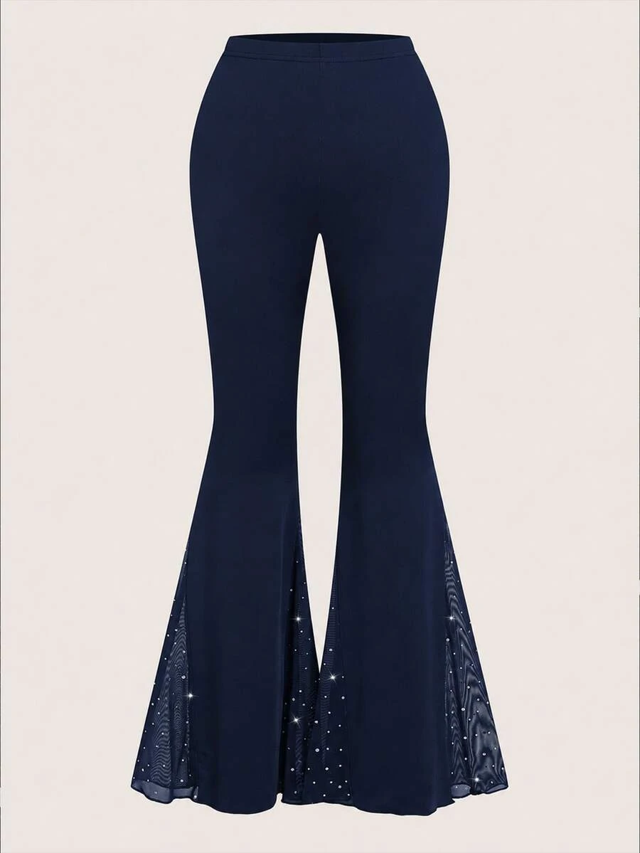 Sweetra Plus Size Women's Solid Color Casual Daily Flare Pants - Navy Blue - View 1