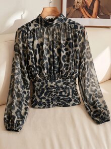 SHEIN Clasi 女款性感豹紋抓皺收腰上衣 - 灰色 - 查看 3
