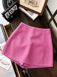 SHEIN Franclia 時尚休閒通勤百搭丹寧效果印花紋理軟面料高腰開衩女款短褲/裙/寬腿褲/熱褲 - 玫紅色 - 查看 2