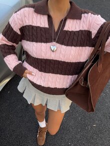 女童粉色與棕色條紋粗針織 Polo V 領長袖短版套頭毛衣，羅紋下擺，甜美學院風休閒針織上衣，適合秋冬 - 彩色 - 查看 4