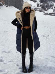 SHEIN Clasi Two-Tone Reversible Padded Zipper Front Pockets Drawstring Hood Vest Jacket - Navy Blue - View 3