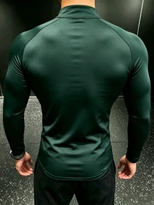 GymBeat 男士極簡半拉鍊長袖運動T恤，健身房適用 - 墨綠色 - 查看 2