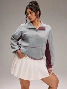 EMERY ROSE Plus Size Women's Colorblock Raglan Long Sleeve Button Half-Placket Casual Sweatshirt - Grey - View 4