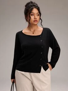 SHEIN BASICS كنزة صوفية نسائية مقاس كبير بلون موحد كاجوال للاستخدام اليومي بأكمام طويلة - الأسود - مشاهدة 5