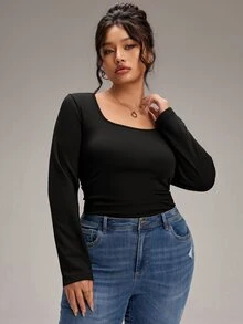 EMERY ROSE تي شيرت نسائي مقاس كبير بلون موحد ضيق متعدد الاستخدامات للاستخدام اليومي بأكمام طويلة - الأسود - مشاهدة 5