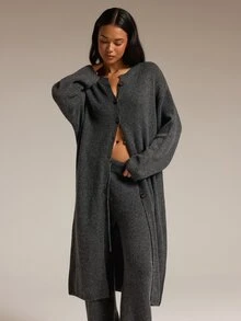 COSMINA Bộ 2 món áo cardigan len dệt kim một hàng khuy và quần len dệt kim phong cách thường ngày cho nữ - Màu xám đen - Xem 4