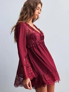 Willow Rêve Gaun Mini Merah Patchwork Renda Wanita - Burgundy - View 3